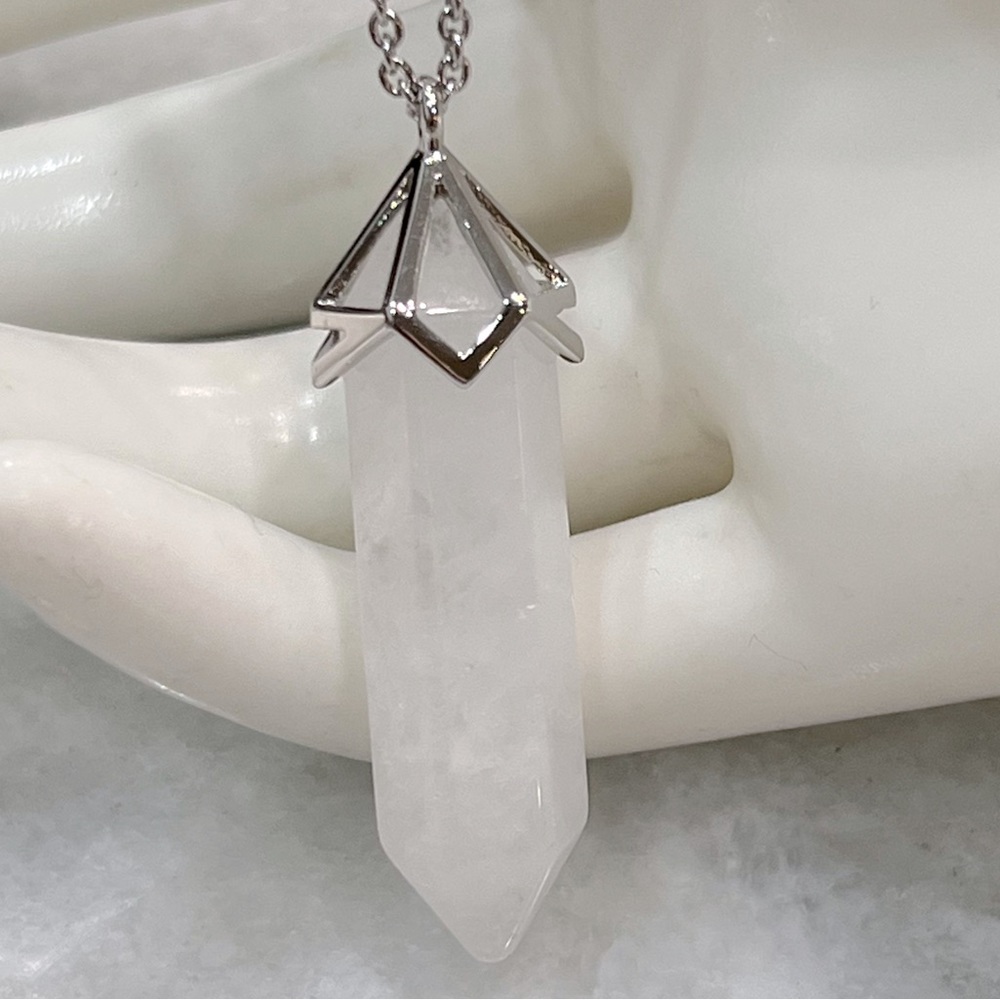 White Crystal Quartz Silvertone Crystal Point Pendant Necklace